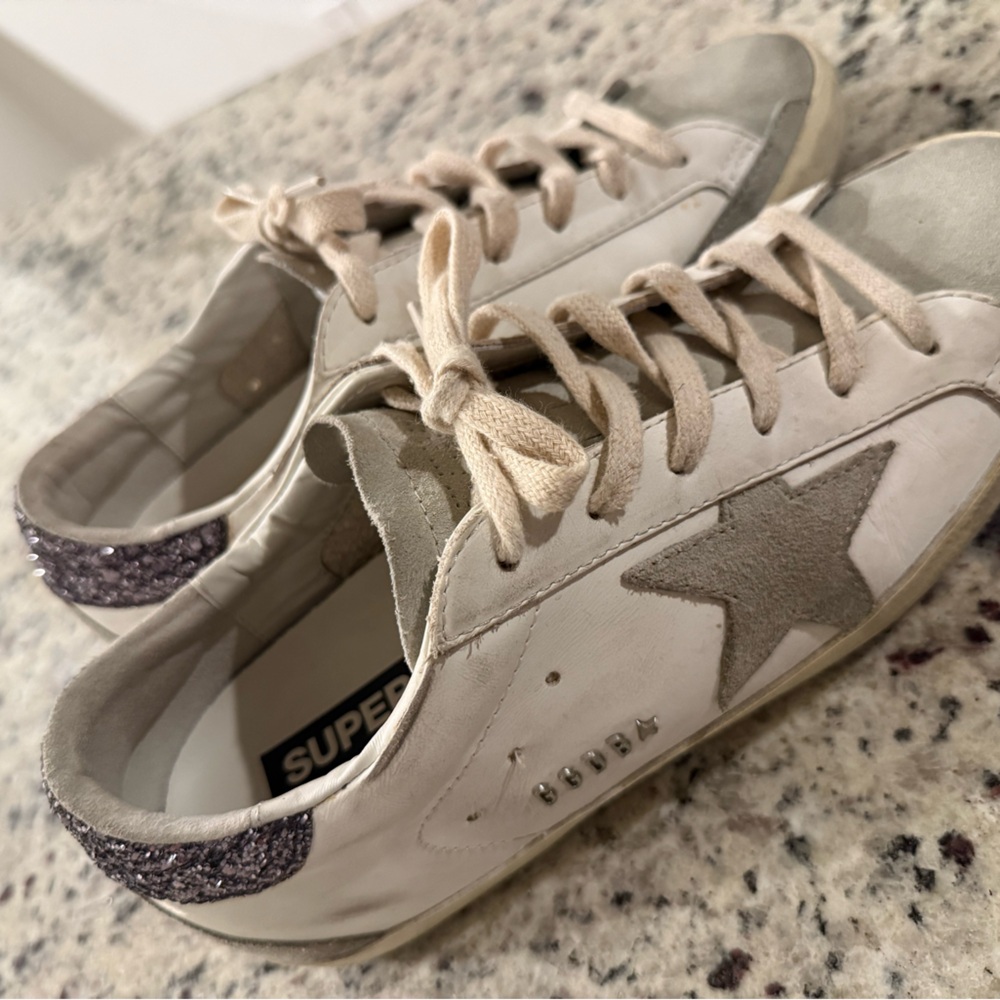 Golden Goose White and Gray Sneakers with Glitter Accents